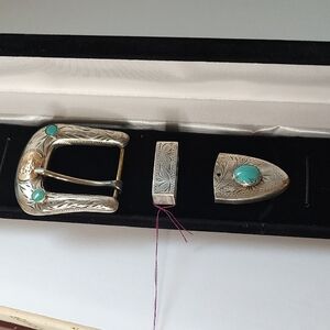 Silver Belt Buckle Set with Turquoise Accents